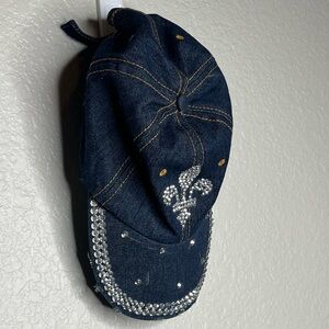 Denim Baseball Cap‎ with Rhinestone Fleur-de-Lis and Sparkling Crystal Trim Y2K